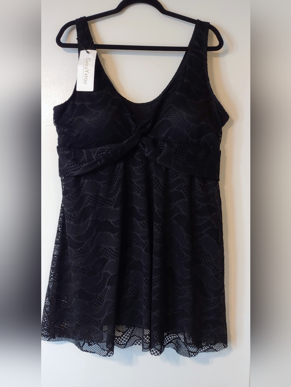 CHOUYATOU XL Black Lace Tank Dress Swimsuit